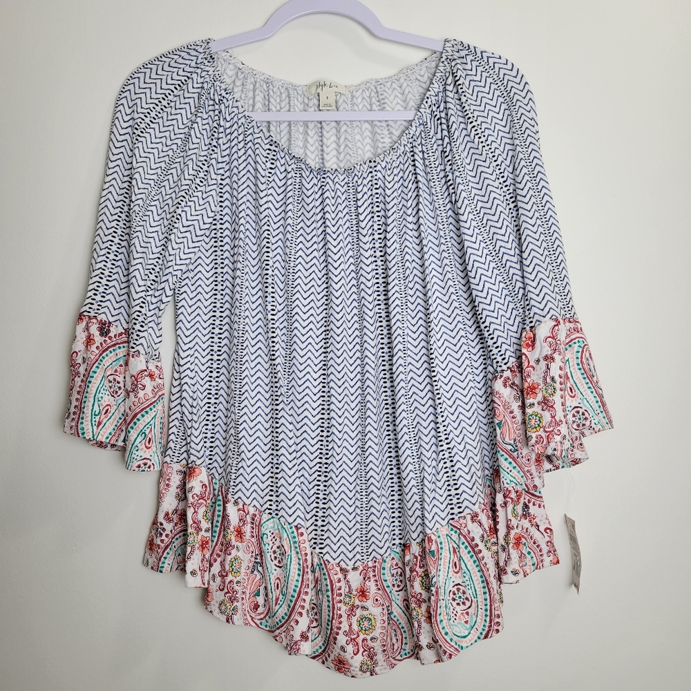 Style & Co Garden Girl Floral Paisley 3/4 Bell Sleeve Blouse Top S‎